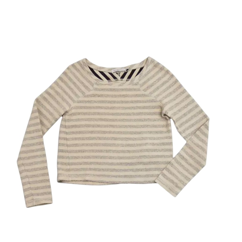 See By Chloe Striped Long Sleeve Cropped Cotton Top Beige Navy Blue Size 4 EUC